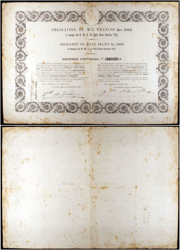 1869. Carlos VII, Pretendiente. Emisión de Amsterdam. 1000 francos. (Ed. A203) (...