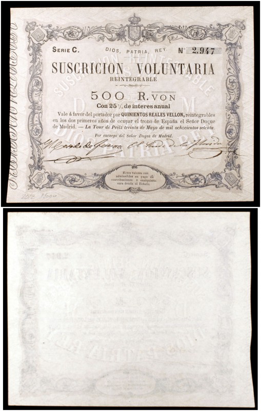 1870. La Tour de Peilz. 500 reales de vellón. (Ed. A207) (Ed. 198) (Filabo 12CR)...