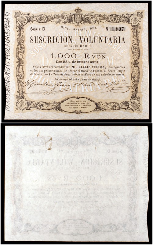 1870. La Tour de Peilz. 1000 reales de vellón. (Ed. 199, ejemplar correlativo al...