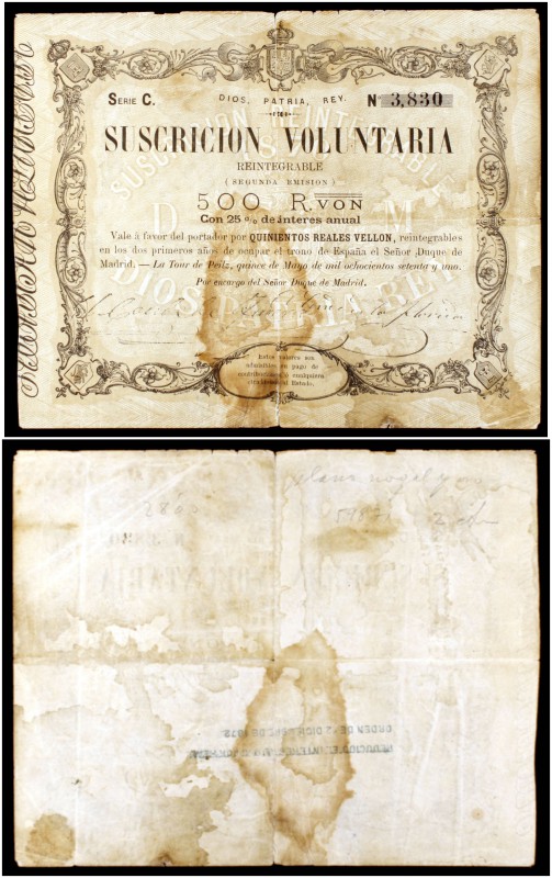 1871. La Tour de Peilz. 500 reales de vellón. (Ed. A213) (Ed. 204) (Filabo 18CR)...