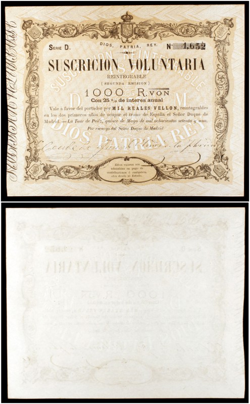 1871. La Tour de Peilz. 1000 reales de vellón. (Ed. A214) (Ed. 205) (Filabo 19CR...