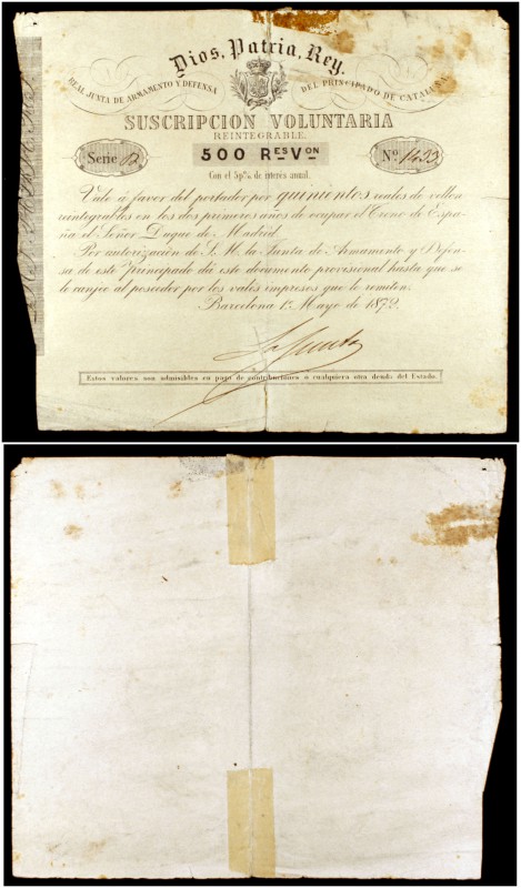 1872. Real Junta de Armamento y Defensa del Principado de Catalunya. 500 reales ...