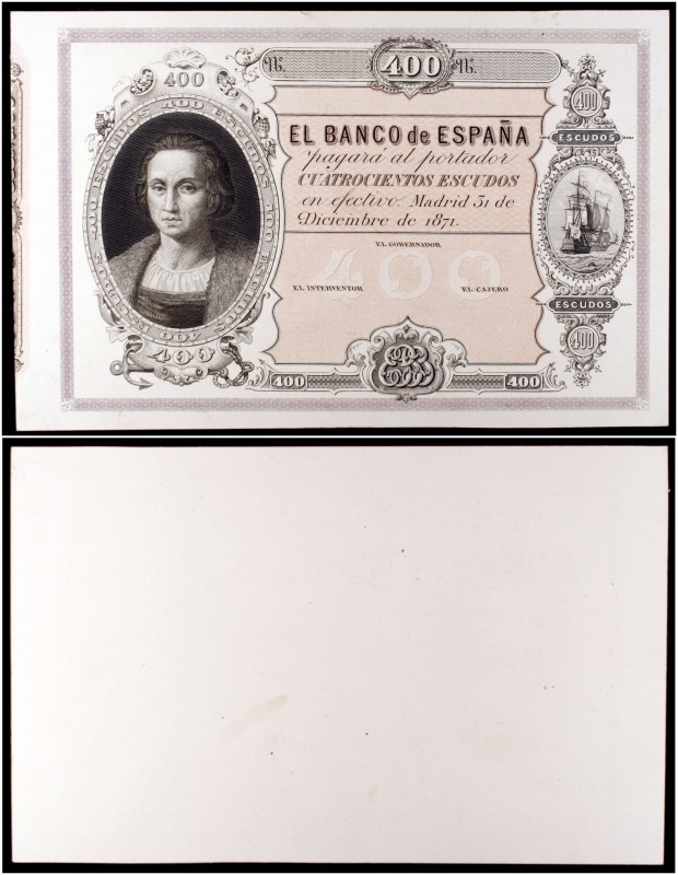 1871. 400 escudos. (Ed. B35p) (Ed. 251p) (Filabo 35p). 31 de diciembre, Colón. P...