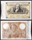 1889. 25 pesetas. (Ed. B81) (Ed. 297) (Filabo 81) (Ruiz y Alentorn 133) (BBE. 192-193) (Pick 39). 1 de junio, Goya. Buen ejemplar. Raro. MBC+.