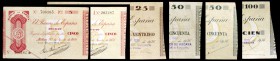 1936. Bilbao. 5 (sin serie y serie A), 25, 50 (dos) y 100 pesetas. (Ed. C19c, C19Ad, C20a, C21a, C21e y C22b) (Ed. 368c, 368Af, 369a, 370a, 370g y 371...