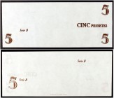 (1936). (Generalitat de Catalunya). 5 pesetas. Prueba de anverso y reverso con sólo la impresión del valor y la serie en marrón. Rara. EBC+.