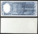 1936. Generalitat de Catalunya. 5 pesetas. 25 de septiembre. Prueba de anverso en azul. Con textos y sin firmas. Muy rara. EBC+.