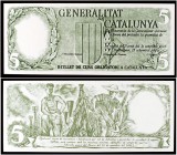 1936. Generalitat de Catalunya. 5 pesetas. 25 de septiembre. Prueba de anverso y reverso en verde. Con textos y sin firmas. Muy rara. EBC+.