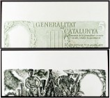 1936. Generalitat de Catalunya. 5 pesetas. Prueba de anverso y reverso en verde. Impresión desplazada hacia abajo. Rara. EBC+.
