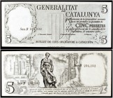 1936. Generalitat de Catalunya. 5 pesetas. (Ed. NE24, mismo ejemplar) (Ed. NE24, mismo ejemplar) (Filabo 157m). Prueba no adoptada. Serie B. El diseño...