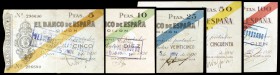 1936. Gijón. 5, 10, 25, 50 y 100 pesetas. (Ed. C31 a C35) (Ed. 380 a 384) (Filabo 164 a 168) (Pick S571 a S575). 5 de noviembre. 5 billetes, serie com...