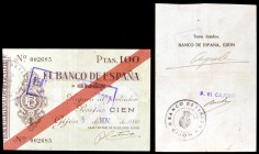 1936. Gijón. 100 pesetas. (Ed. C35) (Ed. 384) (Filabo 168) (Pick S575). Numeración baja, 002685. Firma autógrafa por el Cajero. Sello del Banco de Esp...