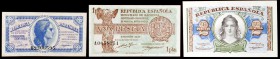 1937 y 1938. 50 céntimos, 1 y 2 pesetas. (Ed. C42 a C44) (Ed. 391 a 393) (Filabo 176 a 178) (Pick 93 a 95). 3 billetes. S/C.