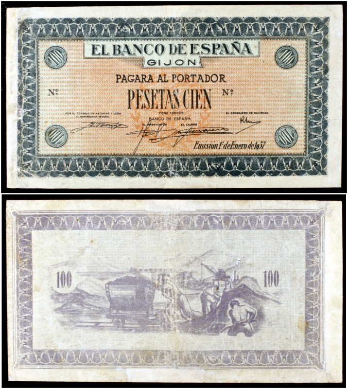 1937. Gijón. 100 pesetas. (Ed. NE31p) (Ed. NE31P) (Filabo NE16) (Pick falta). 1 ...