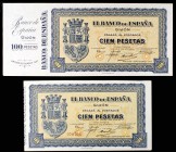 1937. Gijón. 100 pesetas. (Ed. C50 y C50a) (Ed. 399 y 399a) (Filabo 184 y 184a) (Pick S580). Emisión septiembre. 2 billetes, uno numerado, y el otro s...