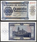 1936. Burgos. 500 pesetas. (Ed. D23) (Ed. 422) (Filabo 224) (Pick 102a). 21 de noviembre. Serie A. Mínimo doblez central pero extraordinario ejemplar....