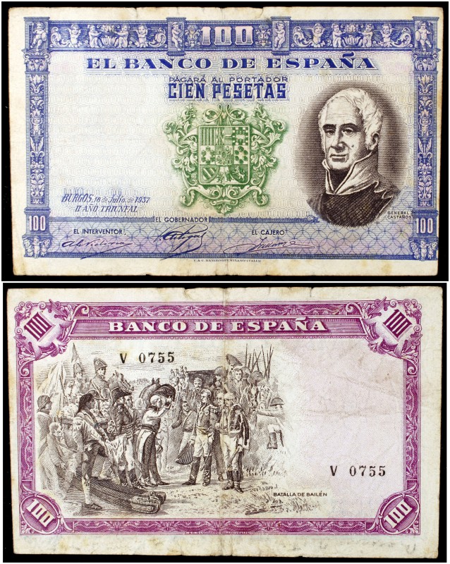 1937. Burgos. 100 pesetas. (Ed. NE42, mismo ejemplar) (Ruiz y Alentorn 349) (Fil...