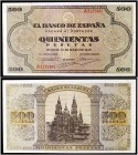 1938. Burgos. 500 pesetas. (Ed. D34) (Ed. 433) (Filabo 235) (Pick 114a). 20 de mayo. Leve doblez. Raro y más así. EBC.