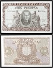 1940. 100 pesetas. (Ed. D39a) (Ed. 438a) (Filabo 248a) (Pick 118a). 9 de enero, Colón. Serie E. S/C-.