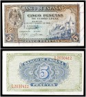 1940. 5 pesetas. (Ed. D44a) (Ed. 443a) (Filabo 253a) (Pick 123a). 4 de septiembre, Alcázar de Segovia. Serie L. EBC+.