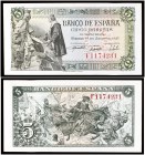 1945. 5 pesetas. (Ed. D50a) (Ed. 449a) (Filabo 259a) (Pick 129a). 15 de junio, Isabel y Colón. Serie F. S/C-.