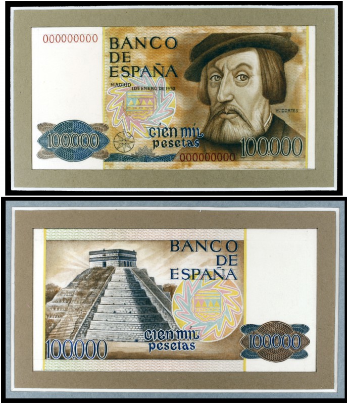 1992. 100000 pesetas. 1 de enero, Hernán Cortés. Numeración 000000000. Pruebas n...