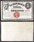 1869. La República de Cuba. 1 peso. (Ed. CU28) (Ed. 31) (Filabo 28CU) (Pick 55a). (10 de julio). Sin firma, con numeración. Serie G. Con sello rojo. M...