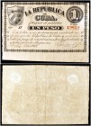 1869. La República de Cuba. 1 peso. (Ed. CU28) (Ed. 31) (Filabo 28CU) (Pick 55c). 10 de julio. Serie H. Con fecha y firmas. Restos de dos adhesivos de...