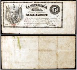 1869. La República de Cuba. 5 pesos. (Ed. CU29) (Ed. 32) (Filabo 29CU) (Pick 56c). 10 de julio. Serie F. Con fecha y firmas. Grandes márgenes a derech...