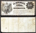 1869. La República de Cuba. 10 pesos. (Ed. CU30) (Ed. 33) (Filabo 30CU) (Pick 57a). (10 de julio). Serie C. Sin firma. Nº 23. Escaso. MBC-.