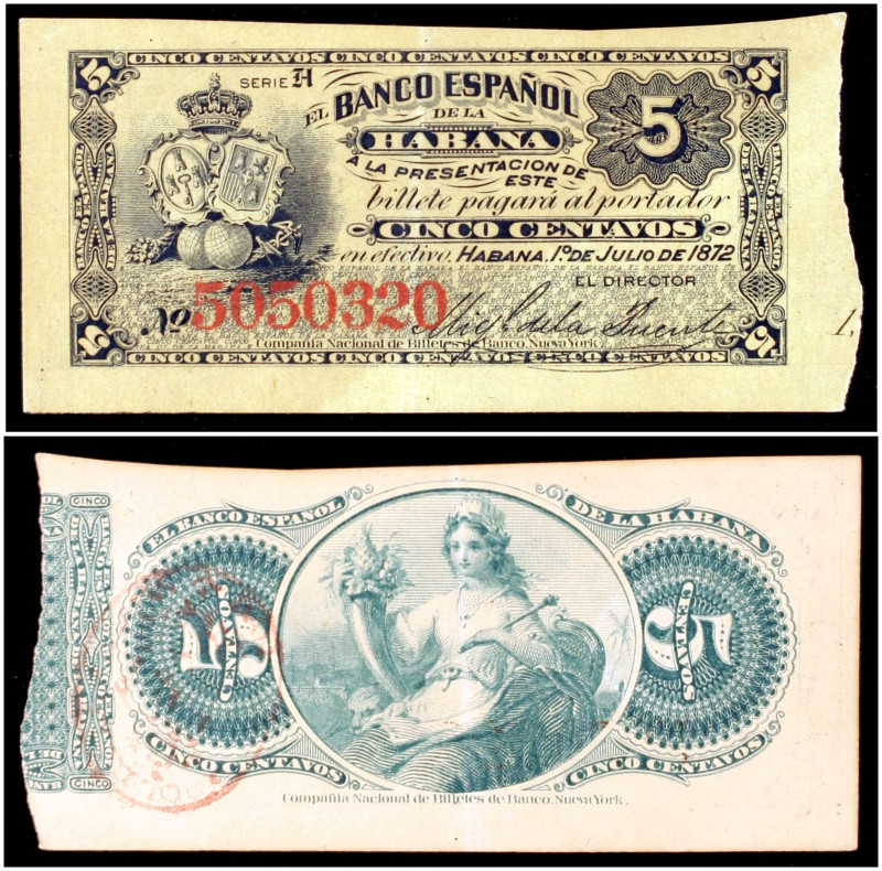 1872. Banco Español de la Habana. 5 centavos. (Ed. CU38) (Ed. 41) (Filabo 38CU) ...