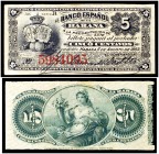 1883. Banco Español de la Habana. 5 centavos. (Ed. CU40) (Ed. 43) (Filabo 40CU) (Pick. 29d). 6 de agosto. Serie A. Fondo amarillo. MBC-.