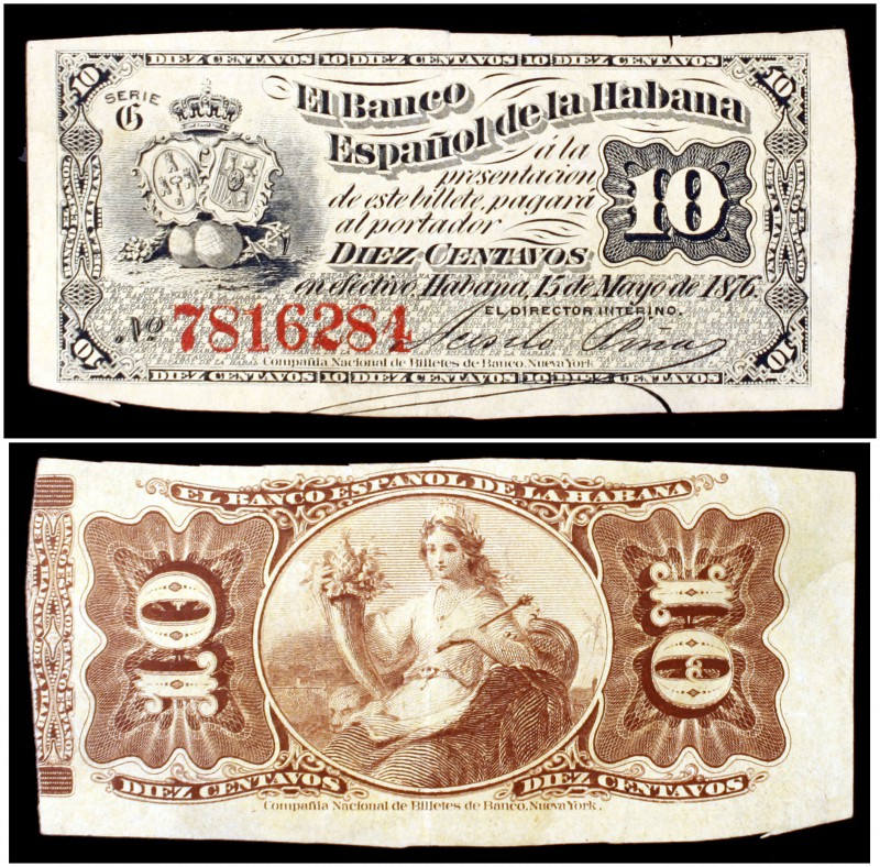 1876. Banco Español de la Habana. 10 centavos. (Ed. CU42) (Ed. 45) (Filabo 42CU)...