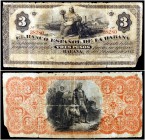 1883. Banco Español de la Habana. 3 pesos. (Ed. CU58, mismo ejemplar) (Ed. 61, mismo ejemplar) (Filabo 58CU). 6 de agosto. Serie B. Pequeña rotura en ...