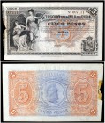 1891. El Tesoro de la Isla de Cuba. 5 pesos. (Ed. CU60) (Ed. 63) (Filabo 61CU) (Pick. 39b). 12 de agosto. Sin firmas. Nº 007111. Rotura en lateral izq...