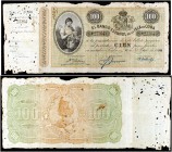 1896. Banco Español de la Isla de Cuba. 100 pesos. (Ed. CU72) (Ed. 75) (Filabo 73CU) (Pick. 51). 15 de mayo. Serie C. Con matriz. Roturas y pequeños a...