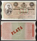 1896. Banco Español de la Isla de Cuba. 50 pesos. (Ed. CU80) (Ed. 83) (Filabo 82CU) (Pick. 50b). 15 de mayo. Serie D. Con sobrecarga PLATA en reverso....