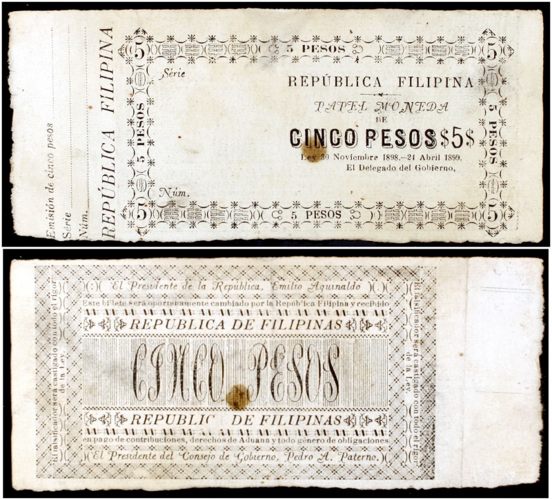 1899. República Filipina. 5 pesos. (Edifil y Filabo falta) (Pick A27). Ley del 3...