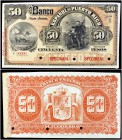 (1889). Banco Español de Puerto Rico. 50 pesos. (Ed. PR10m, mismo ejemplar) (Ed. 15Mb, mismo ejemplar) (Filabo 22PR) (Pick 23). Muestra SPECIMEN, nume...