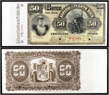 1894-1897. Banco Español de Puerto Rico. 50 pesos. (Ed. PR16m, mismo ejemplar) (Ed. 21M, mismo ejemplar) (Filabo 10PR) (Pick 29). Busto de la Regenta ...