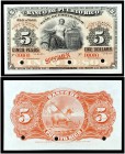 (1901-1904). Banco de Puerto Rico. 5 pesos / 5 dólares. (Ed. PR20m) (Ed. 25M) (Filabo 26PR) (Pick 41). Muestra SPECIMEN, numeración 00000. Sin firmas ...