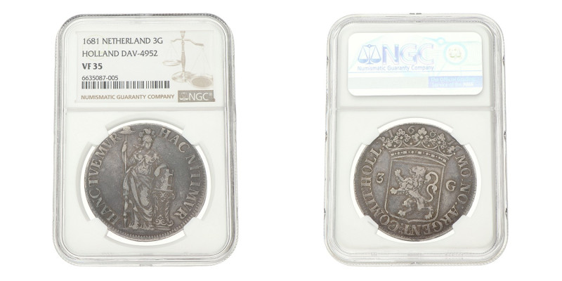 3 gulden - Provinciaal. Holland. 1681. VF 35.
NGC graded: 6635087-005. CNM 2.28...
