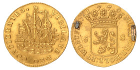Scheepjeschelling van 6 stuiver. Afslag in goud. Holland. 1770. Prachtig -.