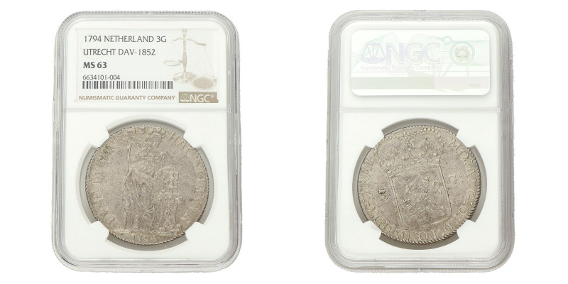3 gulden - Generaliteits. Utrecht. 1794. MS 63.
NGC graded: 6634101-004. CNM 2....