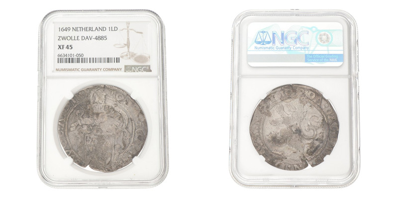 Leeuwendaalder. Zwolle. 1649. XF 45.
NGC graded: 6634101-050. CNM 2.52.52. Delm...