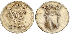 Halve duit. Zilveren afslag. V.O.C. (Utrecht). 1762. Zeer Fraai +.