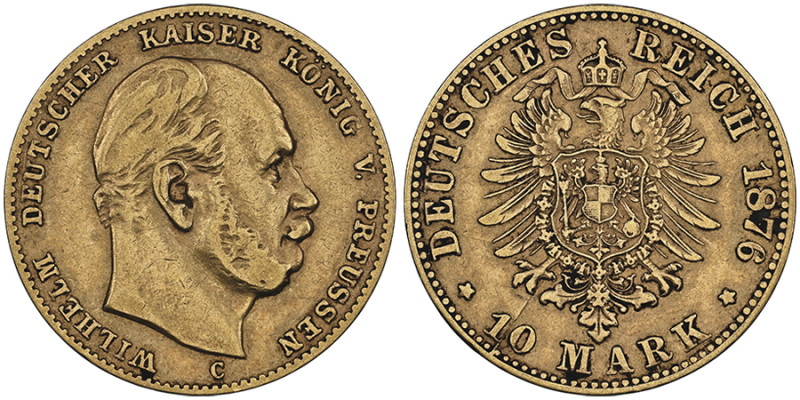 PREUSSEN
Wilhelm I 1861-1888
10 Mark, 1876 C, AU 3.98 g.
Ref : Fr. 3822, J. 245
...