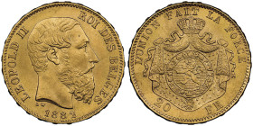 Leopold II 1865-1909 
20 francs 1882, Bruxelles, AU 6.45 g.
Ref : Fr.412
Conservation : NGC MS 67 Position A Top Pop: le plus haute grade connu.