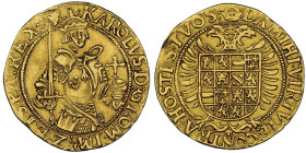 Brabant
Charles V 1506-1555 
Real d'Or, ND (1546-1556), Anvers, AU 5.24 g.
Avers : KAROLVS • D : G • ROM • IMP • Z • HISPA •
REX Charles en armure deb...