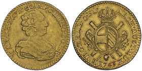 Marie-Thérèse 1740-1780 
Double souverain, Bruxelles, 1763 1er type, AU 11.12 g.
Ref : Fr. 134, Delm. 215
Conservation : NGC XF 40